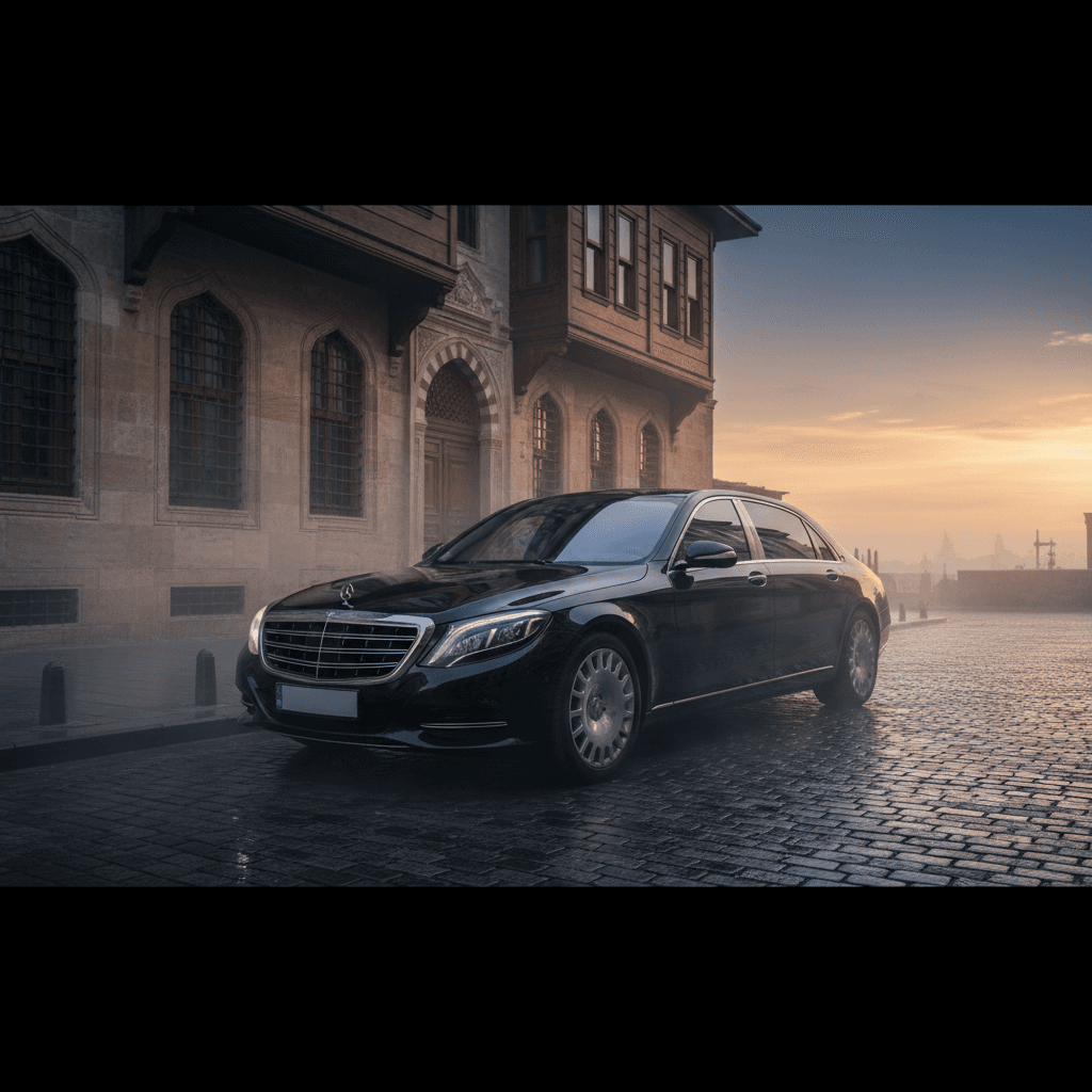 A polished black Mercedes-Maybach S-Class on a wet Istanbul cobblestone street at dawn.